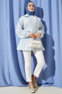 Bel Lastikli Kendinden Kemerli Ceket Mavi - Ceket