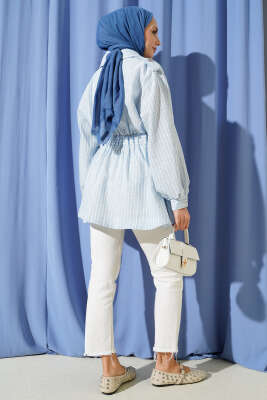 Bel Lastikli Kendinden Kemerli Ceket Mavi - Ceket