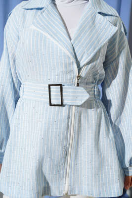 Bel Lastikli Kendinden Kemerli Ceket Mavi - Ceket