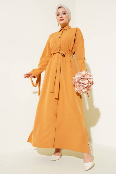 Bel Lastikli Kendinden Kuşaklı Elbise Camel - Elbise