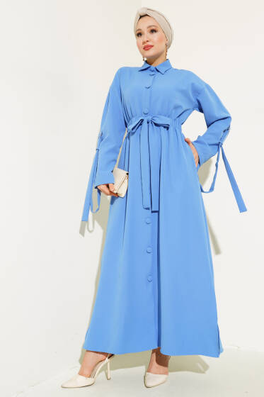 Bel Lastikli Kendinden Kuşaklı Elbise Mavi - Elbise