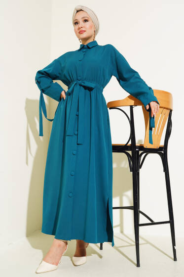 Bel Lastikli Kendinden Kuşaklı Elbise Petrol - Elbise