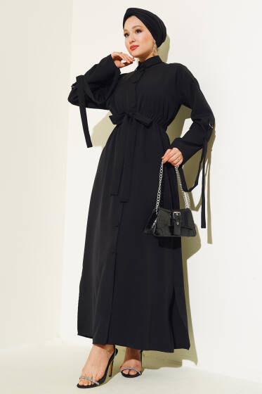 Bel Lastikli Kendinden Kuşaklı Elbise Siyah - Elbise