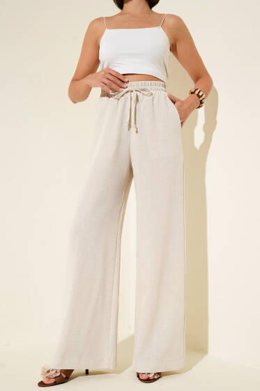 Bel Lastikli Keten Bol Pantolon Bej - Kadın Giyim Modelleri