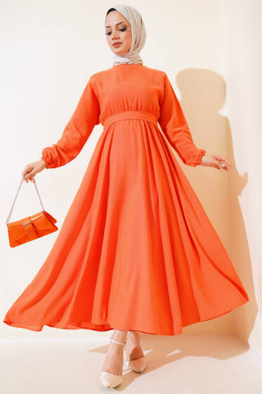 Bel Lastikli Keten Elbise Oranj - Elbise