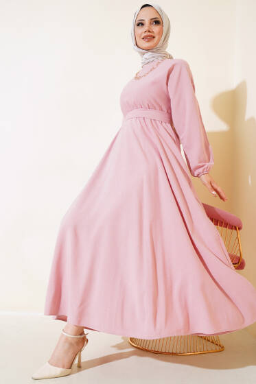Bel Lastikli Keten Elbise Pudra - Elbise
