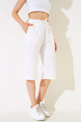 Bel Lastikli Keten Kapri Ekru - Kadın Giyim Modelleri