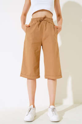 Bel Lastikli Keten Kapri Hardal - Kadın Giyim Modelleri