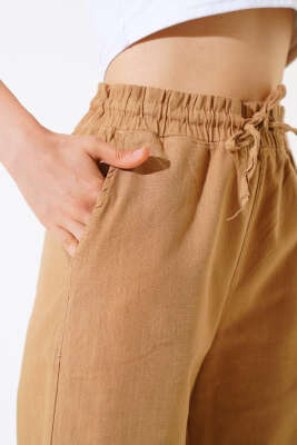 Bel Lastikli Keten Kapri Hardal - Kadın Giyim Modelleri