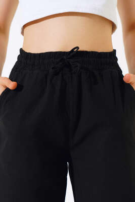 Bel Lastikli Keten Kapri Siyah - Kadın Giyim Modelleri