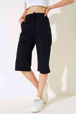 Bel Lastikli Keten Kapri Siyah - Kadın Giyim Modelleri