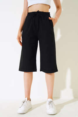 Bel Lastikli Keten Kapri Siyah - Kadın Giyim Modelleri