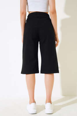 Bel Lastikli Keten Kapri Siyah - Kadın Giyim Modelleri