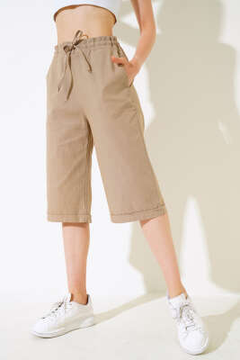 Bel Lastikli Keten Kapri Vizon - Kadın Giyim Modelleri