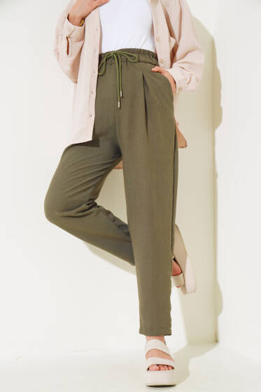 Bel Lastikli Keten Pantolon Haki - 300-500 TL Ürünler