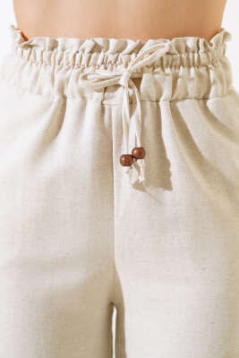 Bel Lastikli Keten Salaş Pantolon Bej - Kadın Giyim Modelleri