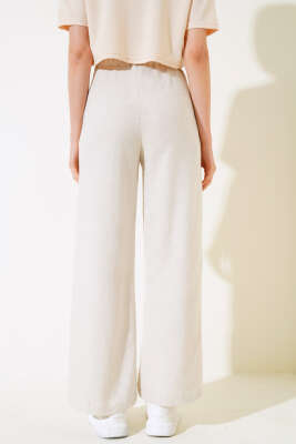 Bel Lastikli Keten Salaş Pantolon Bej - Kadın Giyim Modelleri