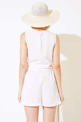 Bel Lastikli Keten Şort Ekru - Kadın Giyim Modelleri