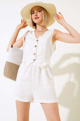 Bel Lastikli Keten Şort Ekru - Kadın Giyim Modelleri