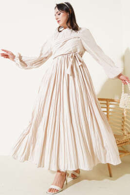 Bel Lastikli Kırışık Pileli Elbise Bej 