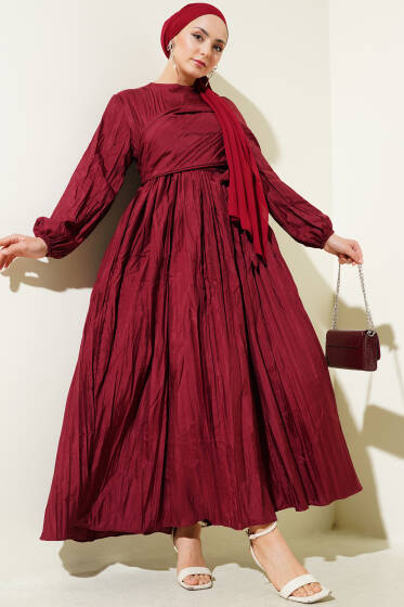 Bel Lastikli Kırışık Pileli Elbise Bordo - Elbise