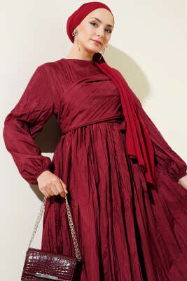 Bel Lastikli Kırışık Pileli Elbise Bordo - Tesettür Elbise