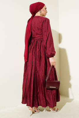 Bel Lastikli Kırışık Pileli Elbise Bordo - Tesettür Elbise