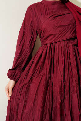 Bel Lastikli Kırışık Pileli Elbise Bordo - Tesettür Elbise