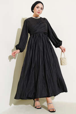 Bel Lastikli Kırışık Pileli Elbise Siyah 