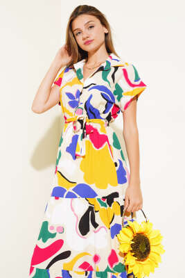 Bel Lastikli Kısa Kol Elbise Bej - Kadın Giyim Modelleri