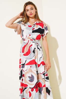 Bel Lastikli Kısa Kol Elbise Gri - Kadın Giyim Modelleri