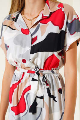 Bel Lastikli Kısa Kol Elbise Gri - Kadın Giyim Modelleri