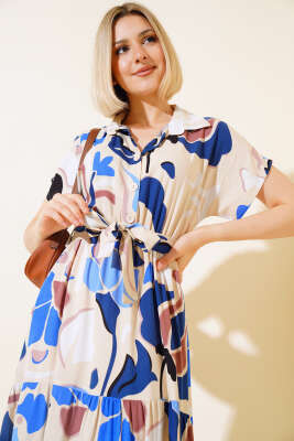 Bel Lastikli Kısa Kol Elbise Lacivert - Kadın Giyim Modelleri