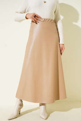 Bel Lastikli Kloş Basic Deri Etek Bej - TABLO FASHİON