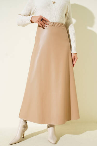 Bel Lastikli Kloş Basic Deri Etek Bej - Etek