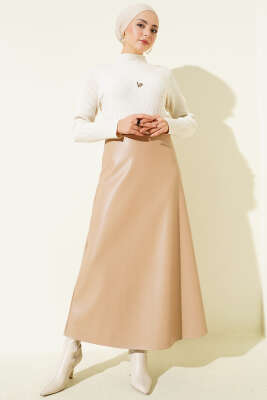 Bel Lastikli Kloş Basic Deri Etek Bej - Etek