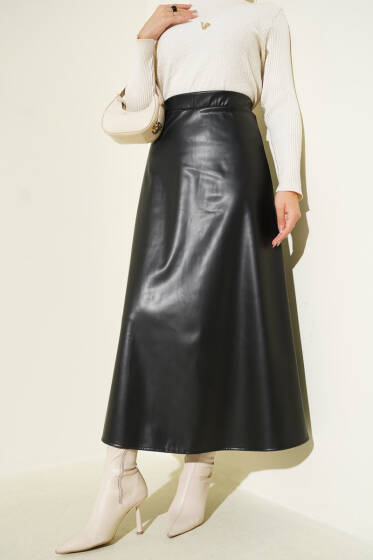 Bel Lastikli Kloş Basic Deri Etek Siyah - Etek