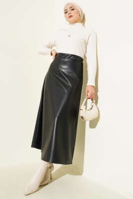 Bel Lastikli Kloş Basic Deri Etek Siyah - Etek