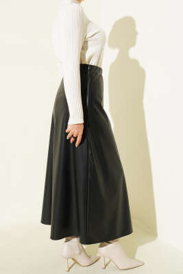 Bel Lastikli Kloş Basic Deri Etek Siyah - Etek