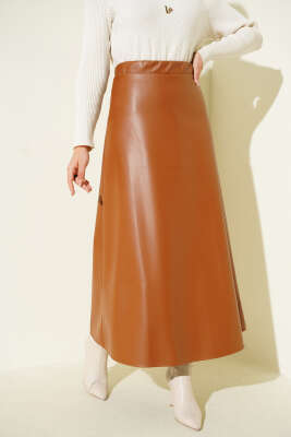 Bel Lastikli Kloş Basic Deri Etek Taba - TABLO FASHİON