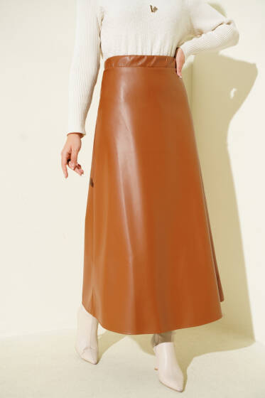 Bel Lastikli Kloş Basic Deri Etek Taba - Etek