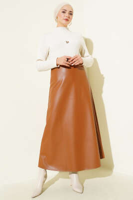 Bel Lastikli Kloş Basic Deri Etek Taba - Etek