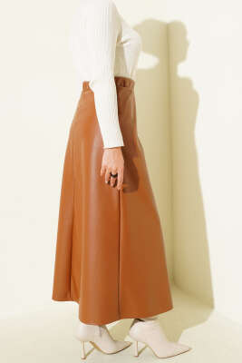 Bel Lastikli Kloş Basic Deri Etek Taba - Etek