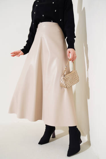 Bel Lastikli Kloş Deri Etek Bej - Etek