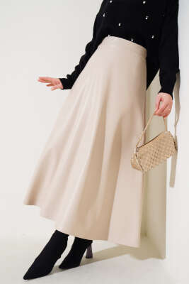 Bel Lastikli Kloş Deri Etek Bej - Uzun Etek