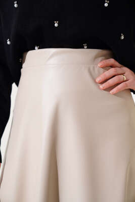 Bel Lastikli Kloş Deri Etek Bej - Uzun Etek