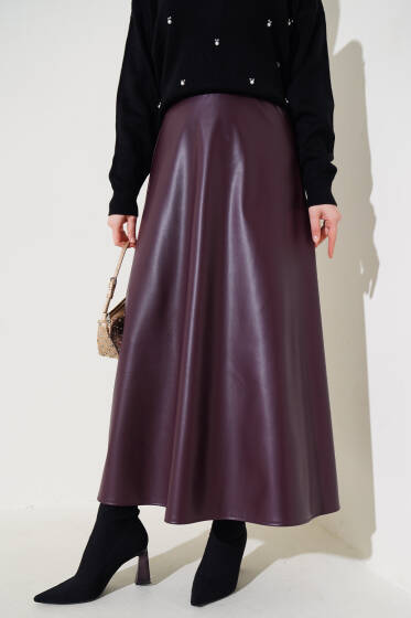 Bel Lastikli Kloş Deri Etek Mürdüm - Etek