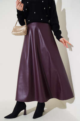 Bel Lastikli Kloş Deri Etek Mürdüm - Uzun Etek