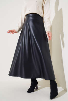 Bel Lastikli Kloş Deri Etek Siyah - Uzun Etek