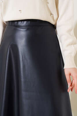 Bel Lastikli Kloş Deri Etek Siyah - Uzun Etek